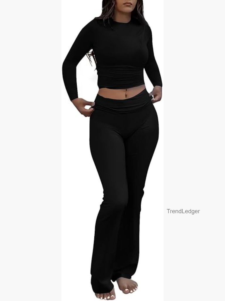 Women's 2 Piece Lounge Set - Foldover Flare Pants & Long Sleeve Tee Pajama Set